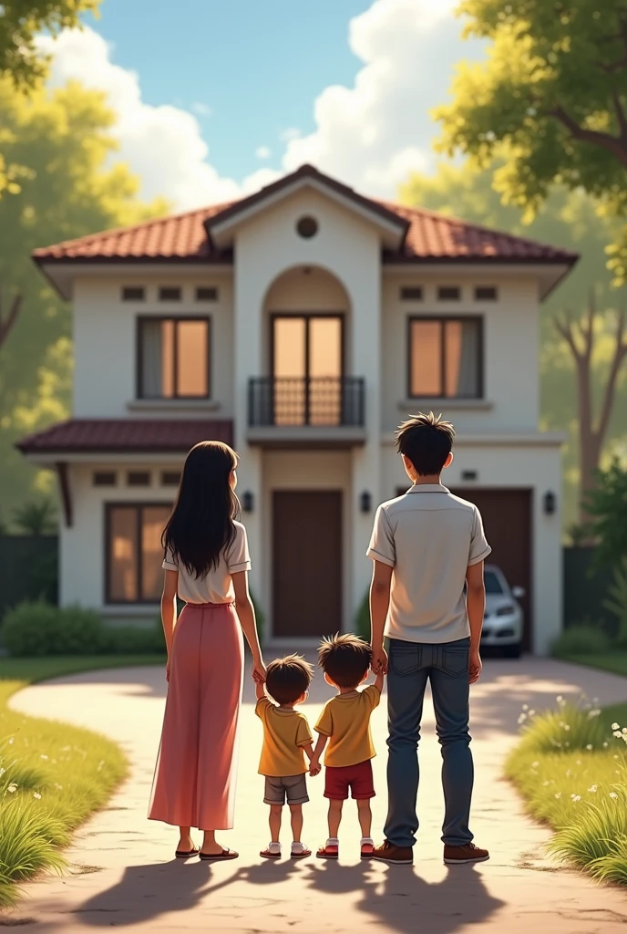 I would like you to create an image of a family with their backs to the camera looking at a house (as if someone was taking a photo behind this family, while she looks at the house), the family is a mother with long black hair and brown skin, the husband with black hair and white skin, a 1--old  with black hair and white skin and two boys both 9 years oedium to dark brown hair with white skin. Mom has 1,60cm, The father 1,72cm and about 75 kilos, the two twin boys 1,40cm tall and the boy is 1 year old the esteight of a 1 year old child.
All holding at the house.
A very beautiful house with a modern and chic finish is their dream this house with a car in the garage