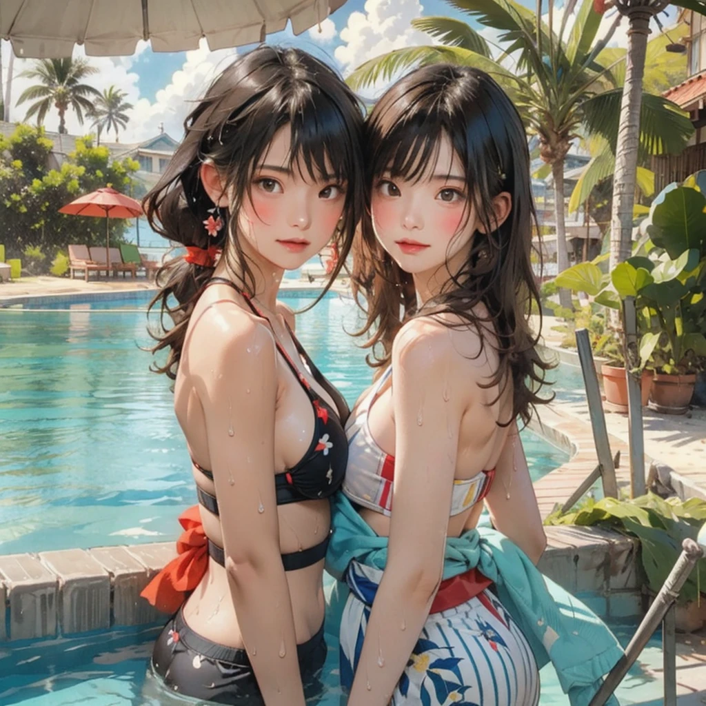 ((highest quality, masterpiece, High resolution)), ((reality)),Photos of beautiful Japanese women,((anime art))、 (((1 girl))), normal size breasts, slim body shape, long ponytail,double eyelid, Wet see-through micro bikini, A pareo with bold ethnic patterns and plenty of primary colors、(Brown skin:1.4),realistic skin、Wet,whole body,cinematic light、tropical、Against the background of palm trees on both sides、on a sunny beach、With the sea in the background、blur background、smile