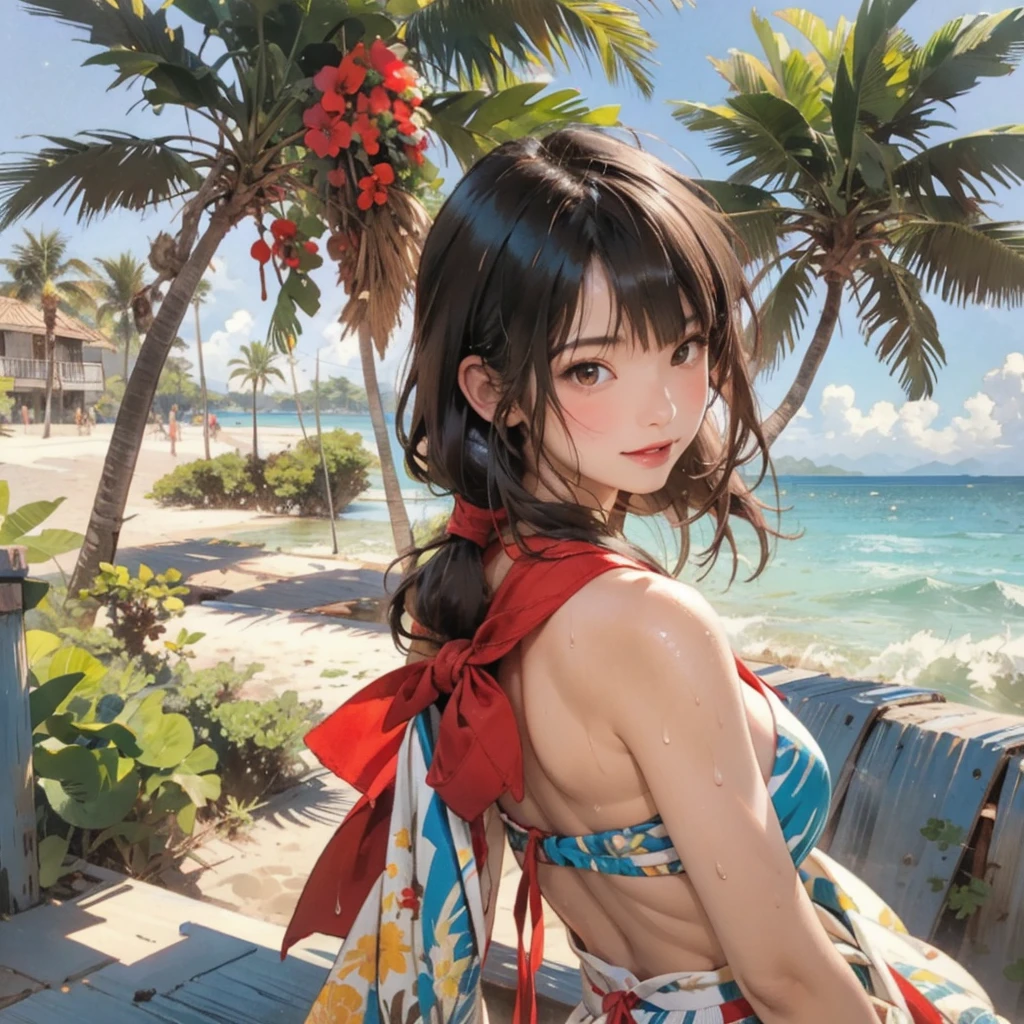 ((highest quality, masterpiece, High resolution)), ((reality)),Photos of beautiful Japanese women,((anime art))、 (((1 girl))), normal size breasts, slim body shape, long ponytail,double eyelid, Wet see-through micro bikini, A pareo with bold ethnic patterns and plenty of primary colors、(Brown skin:1.4),realistic skin、Wet,whole body,cinematic light、tropical、Against the background of palm trees on both sides、on a sunny beach、With the sea in the background、blur background、smile