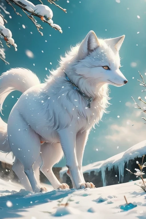 arctic fox,Thick snow,Catching up,mouse,Act fast,Fluffy tail,Sharp Teeth,Strong gaze,White fur,Ice blue eyes,wind,Sub-zero temperatures,白雪皑皑的wind景