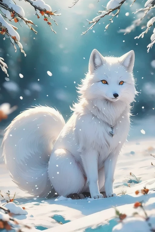 arctic fox,Thick snow,Catching up,mouse,Act fast,Fluffy tail,Sharp Teeth,Strong gaze,White fur,Ice blue eyes,wind,Sub-zero temperatures,白雪皑皑的wind景