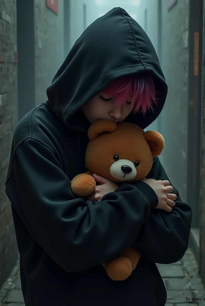 hoodie black hiding from people, hair tie dye color, wants to be safe, has a bear that is a cranberry color , is teen boy