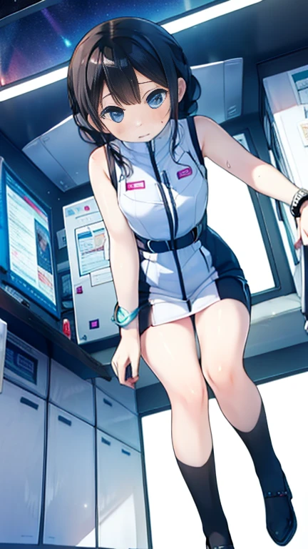 (Highest quality), (masterpiece), 1080P, High resolution, 4K, 8k, Inside the space station、Futuristic room、Thigh straps, Shooting from directly below, The woman on top of me, 白いSweat, Covered , Sweat, Woman looking down, Skirt swimsuit, Thigh-high socks, To achieve this, 16 years old, , whole body, Black leather shoes, Braided hair, Inner Color, Embarrassed face, Short black hair, bracelet, Bedroom,celestial body_Vest
