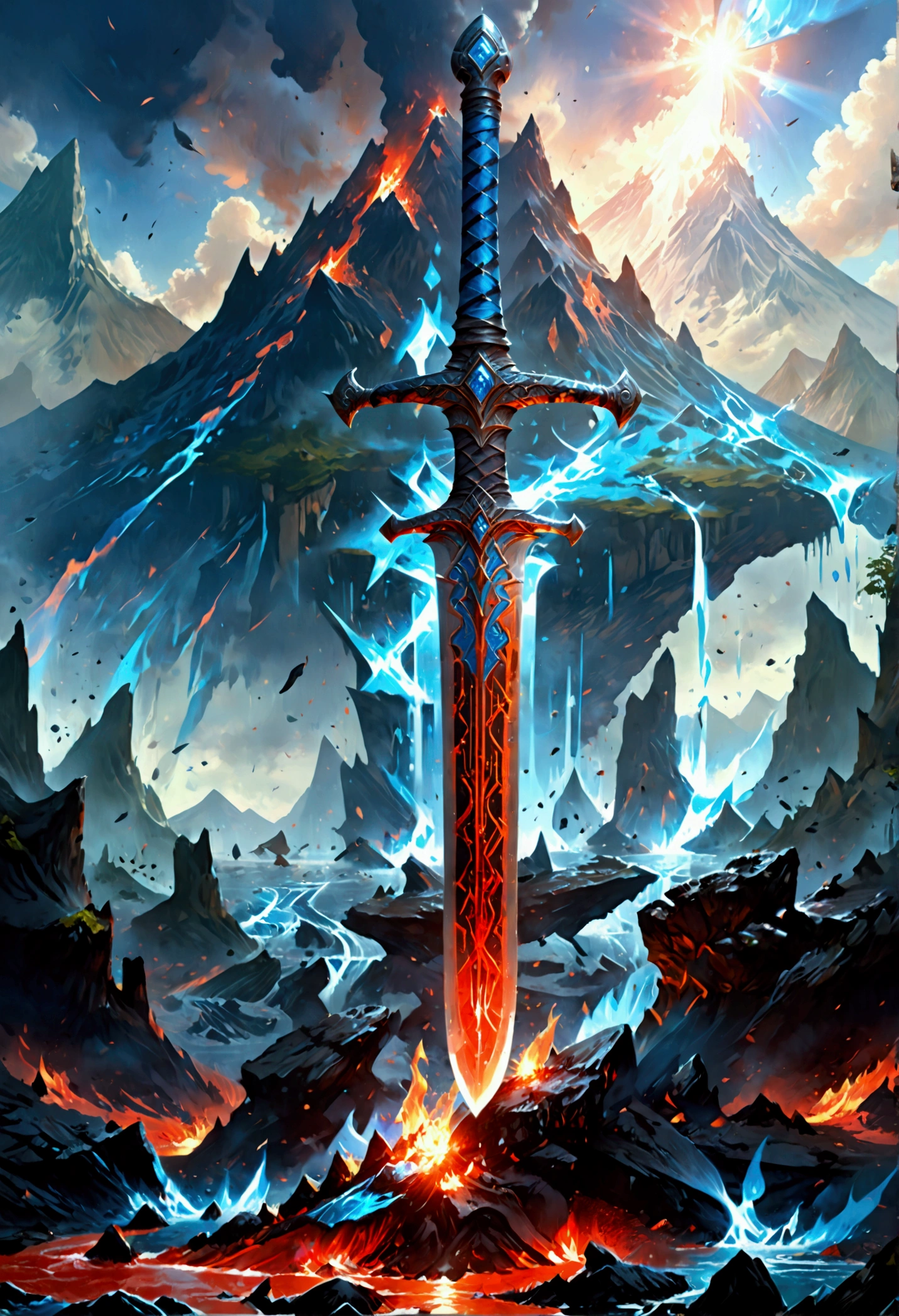 an giant sized sword surrounded with blue flame  stands on its point in volcano, a masterful sword made from diamond, epic sword, divine sword, (mountain sized sword: 1.5), its glistening in the sun, it has many facets, blue flames surround it GlowingRunesAI_paleblue, it stands in a pool of lava in a volcano, fantasy volcano background, high quality, landscape, lava land,  (best details, Masterpiece, best quality :1.5), ultra best realistic pictures , best details, best quality, 16k, [ultra detailed], masterpiece, best quality, (extremely detailed), ultra wide shot, photorealism, depth of field,