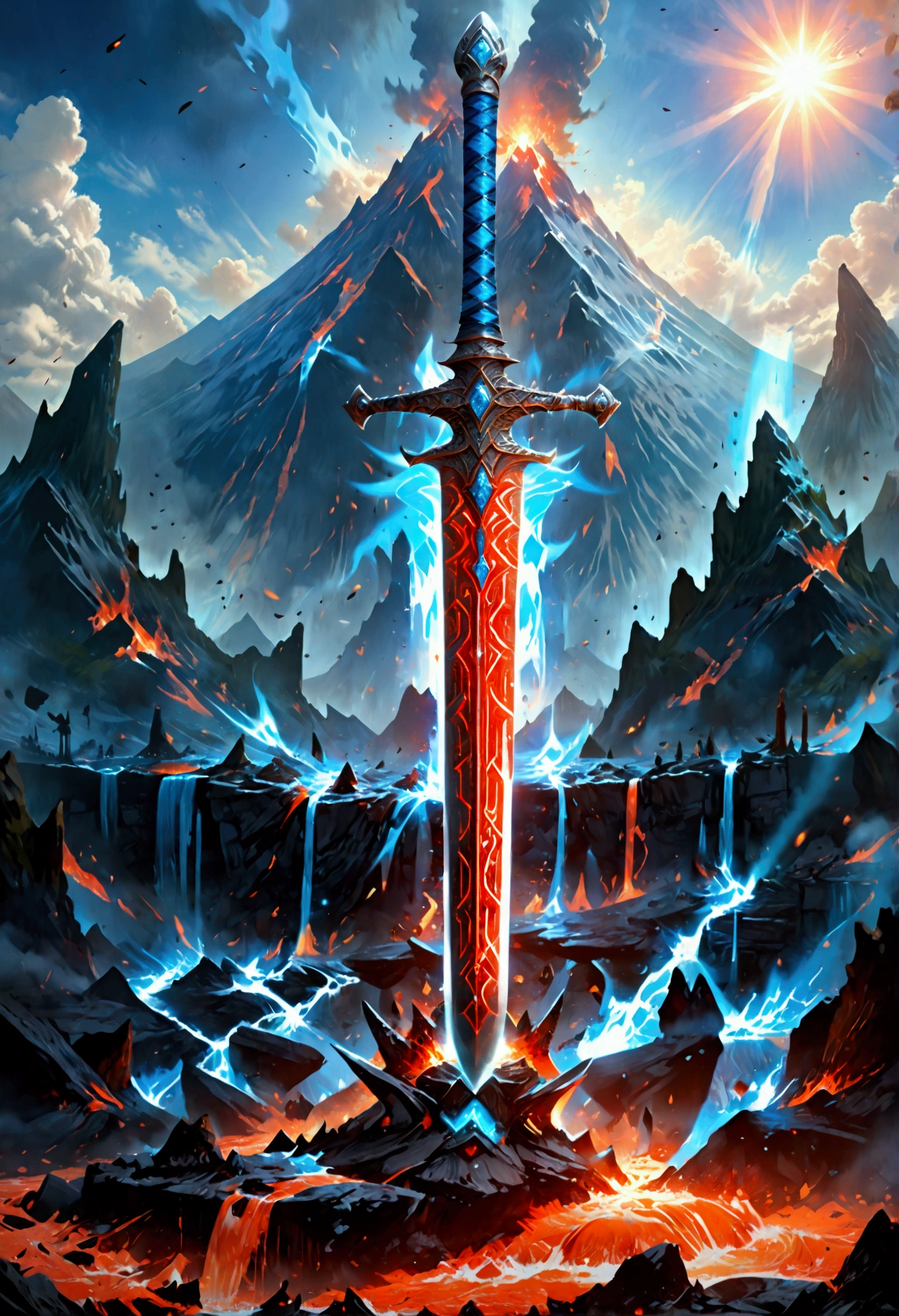 an giant sized sword surrounded with blue flame  stands on its point in volcano, a masterful sword made from diamond, epic sword, divine sword, (mountain sized sword: 1.5), its glistening in the sun, it has many facets, blue flames surround it GlowingRunesAI_paleblue, it stands in a pool of lava in a volcano, fantasy volcano background, high quality, landscape, lava land,  (best details, Masterpiece, best quality :1.5), ultra best realistic pictures , best details, best quality, 16k, [ultra detailed], masterpiece, best quality, (extremely detailed), ultra wide shot, photorealism, depth of field,