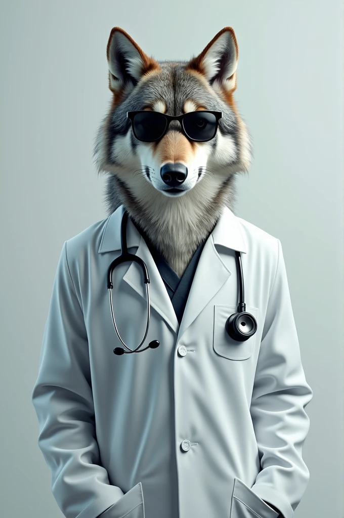Wolf wearing doctor's coat with sun glasses 