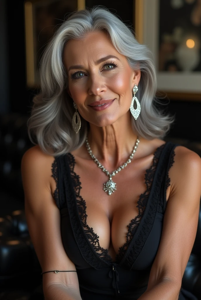 Ultra HD resolution,Artistic Photo,photography,50-year-old girl,earrings,Long gray hair,black background,Black backless dress,necklace,Cowboy shooting,H Cup,Showing cleavage,Expose more breasts,Amazing breast size,nipple,Expose the areola,Breast enlargement,Smooth and beautiful back,Completely bare back,Cool white skin,Big buttocks,Silk clotheessy hair,gray hair, 100% gray hair, Messy hair,Translucent clothing,Ruddy complexion,The clothes are relatively transparent,Fair pink skin
