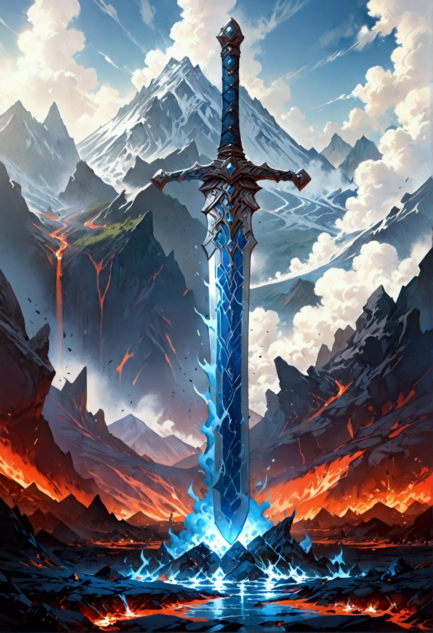 an giant sized sword surrounded with blue flame  stands on its point in volcano, a masterful sword made from diamond, epic sword, divine sword, (mountain sized sword: 1.5), its glistening in the sun, it has many facets, blue flames surround it GlowingRunesAI_paleblue, it stands in a pool of lava in a volcano, fantasy volcano background, high quality, landscape, lava land,  (best details, Masterpiece, best quality :1.5), ultra best realistic pictures , best details, best quality, 16k, [ultra detailed], masterpiece, best quality, (extremely detailed), ultra wide shot, photorealism, depth of field,