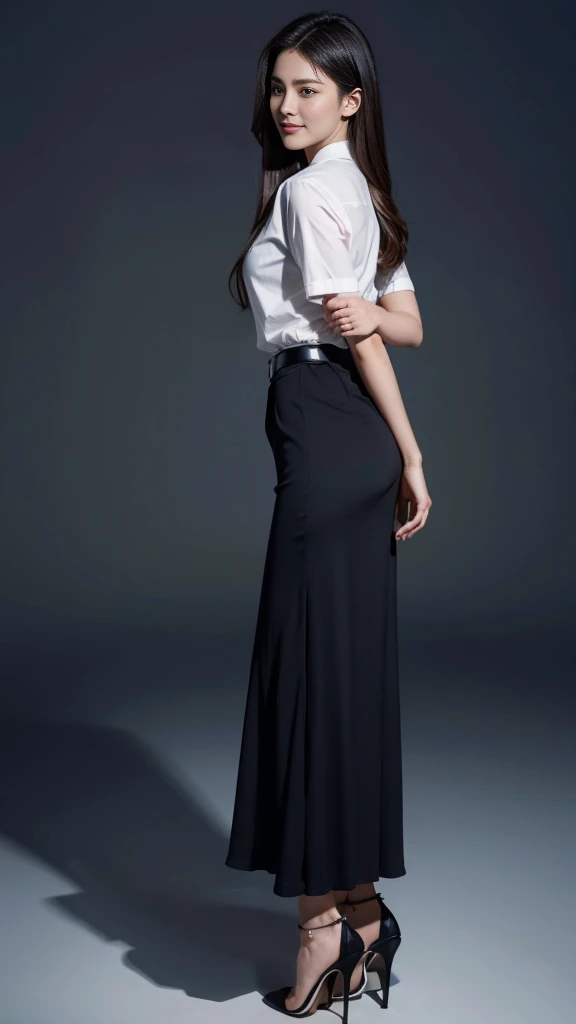 perfect bodies: 1.1, Extremely detailed CG 8k wallpaper, Extremely refined and beautiful, masterpiece，best qualtiy:1.0，Ultra-high resolution：1.0，A high resolution，smiling:1.2, Smooth and flawless fair skin，ultra - detailed , medium breasts:1.1，Black tight torn maxi long skirt:1.4, white short-sleeve button up shirt:1.2, brown suede belt:1.2, In football field:1.4，full body shot, black long messy straight hair, detailed face, black high heels:1.2, perfect body proportions:1.2, standing backbend pose:1.4, legs straight:1.4, thai university uniform, super-realistic, arms behind back:1.5, wrists crossed:1.5, shibari:1.5, from side