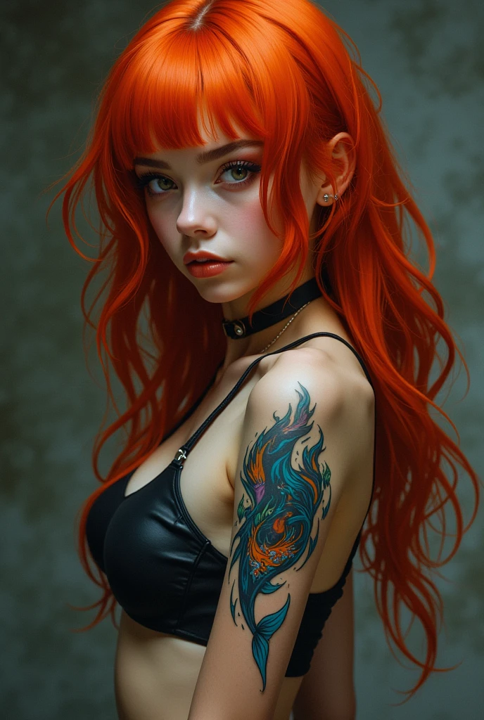 A girl with bright red hair and revealing clothing, On the right side is a tattoo of a burning dolphin.