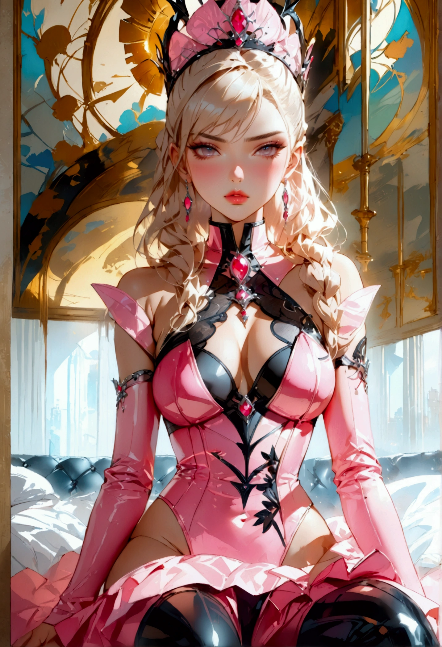 ((anime art: 1.5)), RPG art, Dark fantasy anime art, comic portrait  pin up picture of Barbie as a dominatrix queen (best details, Masterpiece, best quality :1.5), ultra detailed face (best details, Masterpiece, best quality :1.5), ultra feminine (best details, Masterpiece, best quality :1.5), wearing latex pink mini dress, pink stockings, pink high heels, long braided hair, hair pulled back, blond hair, modern bedroom background (best details, Masterpiece, best quality :1.5), ultra best realistic pictures , best details, best quality, 16k, [ultra detailed], masterpiece, best quality, (extremely detailed), ultra wide shot, photorealism, depth of field, hyper realistic painting, NRART