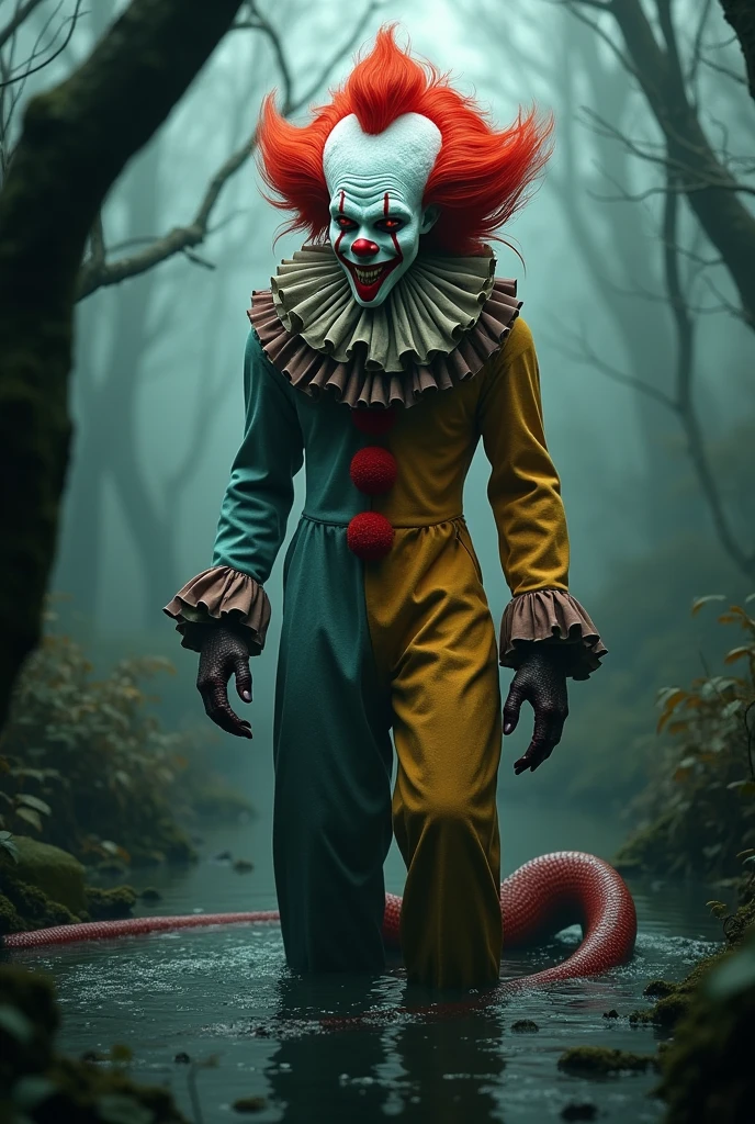  Red-haired snake woman,in a killer clown costume,in a swamp,fully body 