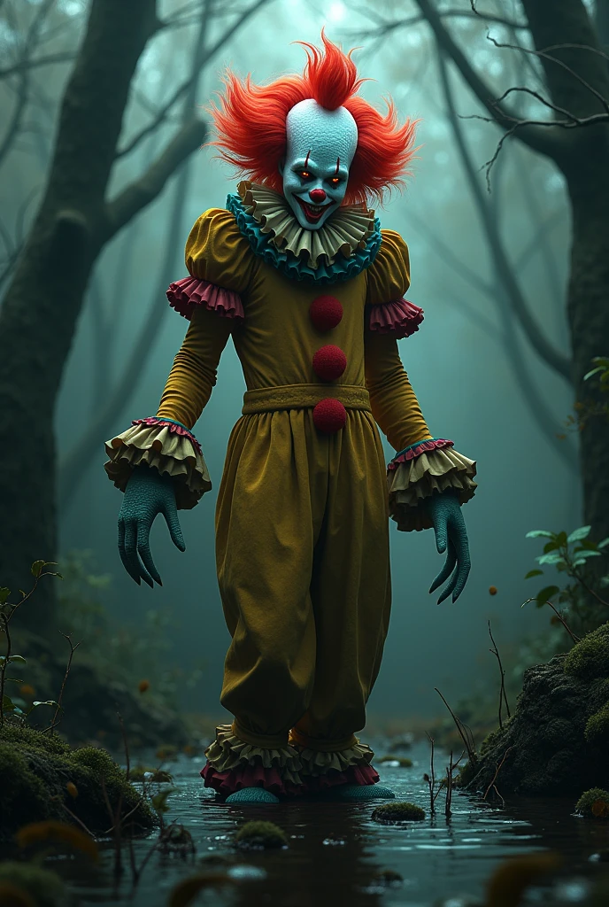 Red-haired snake woman,in a killer clown costume,in a swamp,fully body