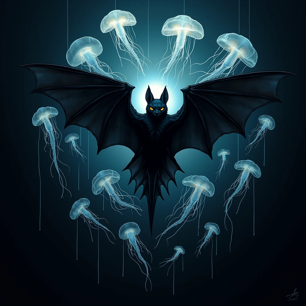 Black bat coat of arms with jellyfish around it