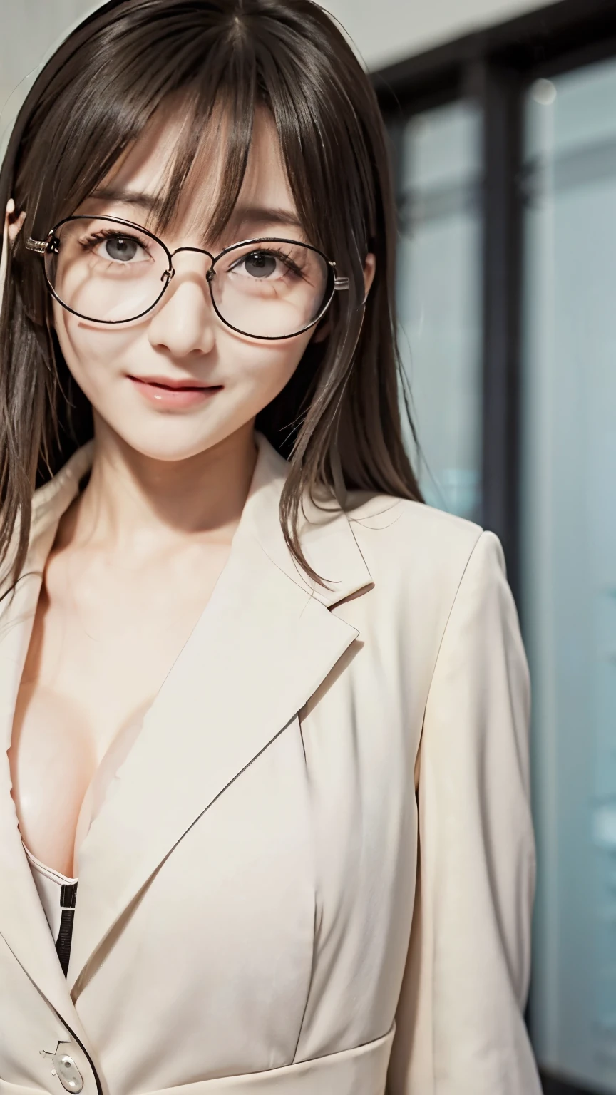 (Brown eyes:1.48)、(Classy model 1:.48)、(high resolution:1.48)、(7:1.48)、(Very big eyes:1.48)、(Tight ladies suits:1.48)、(Slender Big T)、(Clear skin:1.48)、(Shyly laughing 1:.48)、(Frameless glasses:1.48)