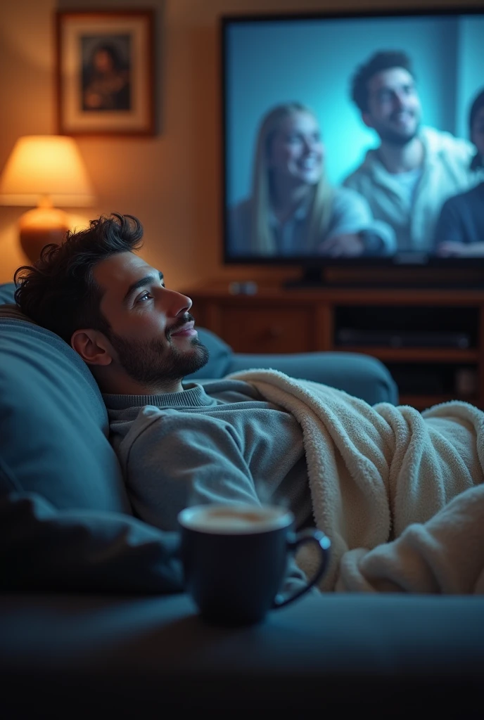 I want an image of a 30 year old man with a blanket lying on the couch watching a movie 