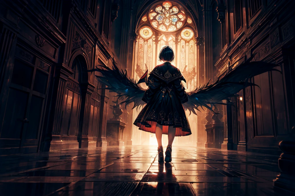work of art, best qualityer, high qualiy, detailed, ultra detailed, hyper detailed, insanely detailed, exotic, comely, HD, Full HD, 4K, 8k, 16K, high resolution, absurderes, abyss, cathedral, ((ung boy)), Jumpy,(The angle is the rear view of the corner), wide plan,((shot back)),excitado, noisy, serious look, shorth hair, hair over one eye, Bblack hair, hair with highlights, Eyes red, military dress uniform, piercing, clamp, mitts, with a tattoo, ha, with guitar, beauty brand, wings, no concerto, dark atmospher, Academia Negra, darkness, backlight, backlight,adicionar_detail:1, adicionar_detail:0, adicionar_detail:0.5,insane, glare eyes, extra eyes, horor \(haa\)
