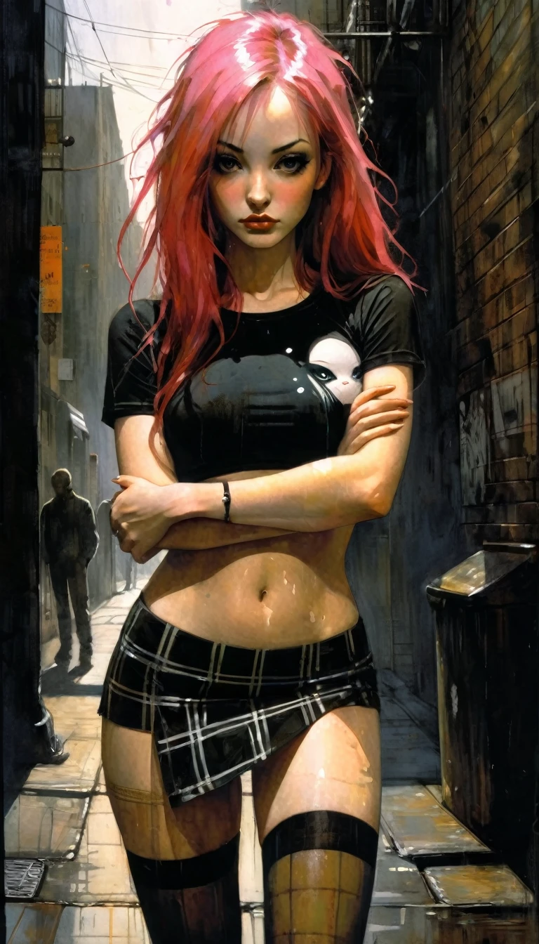 -girl standing on the street, perfect girl with long pink hair, sexy, wearing a very tight and sexy crop top, Dark Alley, plaid miniskirt, stockings, city, black shirt-, eroticism, sexy, black and white image, between shadows, oil painting, chiaroscuro, sensual, dramatic lighting, moody atmosphere, photorealistic, intricate details, masterpiece, ultra-detailed, high quality, 8k, best quality, realistic, cinematic, dark and brooding, expressionist, powerful composition, emotional impact , {{{,nsfw,speech bubble,sexy nude, {{{,{pussy,spread her pussy,cum,cum on pussy,masterbation,straddling,y}}},cute,ultra detailed skin,sketch}}}, ,}}}, art inspired by Bill Sienkiewicz and Dave McKean
