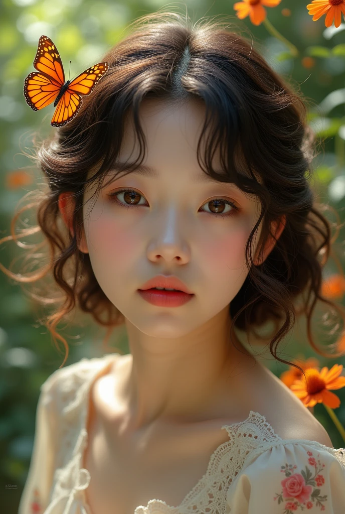 Pro mg Prompt Txt2I(Model shooting style), (shy), 1 person, Lonely, brown、curly、 Extremely rich facial detail, Beautiful eye, [Chubby], cute, cheeks turn a little red，bright,  eye, Stunning beauty, (Rembrandt Lighting), Zeiss Lenses, Surreal, (Skin with attention to detail:1.2),4K,Ali Alexa LF,White Promist, Dramatic Rim Light, high quality,Very delicate and beautiful, wonderful, In detail, masterpiece, Very detailed, High resolution,Best Shot, Best Shadow,Complex,Sharp focus, high quality, 1. Japanese women, alone.cute,Fuka Koshiba,Yuki Sakurai, botanical garden, Woman looking at flowers, Flowers are blooming everywhere, Lens flare,Sleeveless,Beautiful breasts,butterfly,butterflyが舞う,クールなeye,Glossy Lips,smile,Glowing Skin,Clear Skin,From above