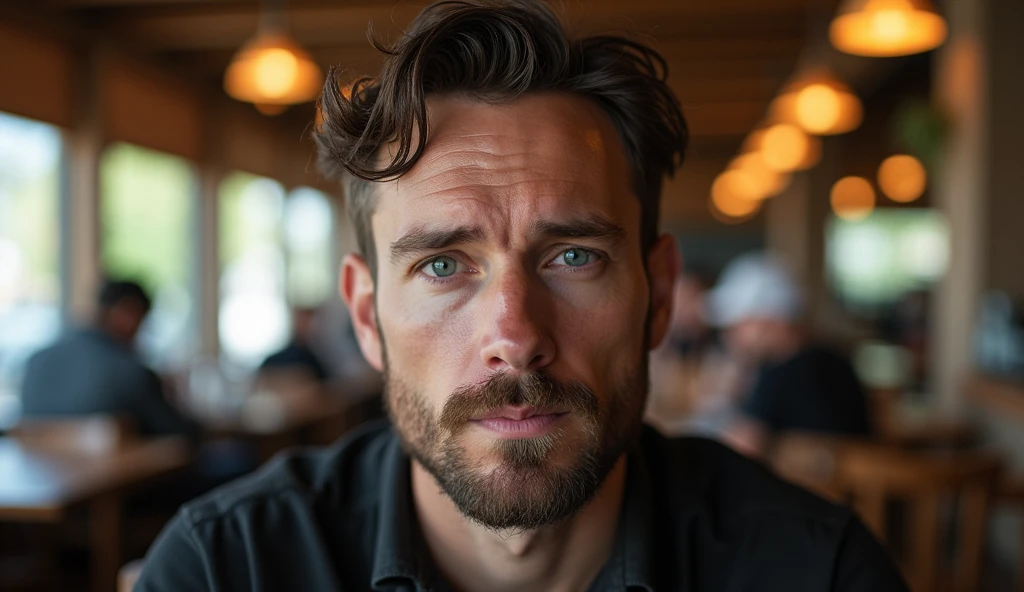 Create a real professional photo of a man in an indoor setting, suggesting a restaurant. The man should be slightly to the right of center, looking directly at the camera with a serious, thoughtful expression. He should have short, slightly wavy dark brown hair and a thin beard evenly distributed across his face. The lighting should be soft and from the left (from the viewer's point of view), evenly illuminating the man's face and creating subtle shadows on the right. The background should be a restaurant with blurred elements, including tables, chairs, bokeh pendant lights and some blurred people in the background to add depth to the image. Use a natural and warm color palette, with wood tones and soft lighting, creating a warm and vibrant atmosphere. The image should be of high resolution and professional photographic quality, with attention to detail and realism.
