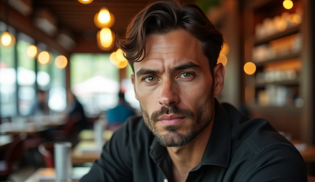 Create a real professional photo of a man in an indoor setting, suggesting a restaurant. The man should be slightly to the right of center, looking directly at the camera with a serious, thoughtful expression. He should have short, slightly wavy dark brown hair and a thin beard evenly distributed across his face. The lighting should be soft and from the left (from the viewer's point of view), evenly illuminating the man's face and creating subtle shadows on the right. The background should be a restaurant with blurred elements, including tables, chairs, bokeh pendant lights and some blurred people in the background to add depth to the image. Use a natural and warm color palette, with wood tones and soft lighting, creating a warm and vibrant atmosphere. The image should be of high resolution and professional photographic quality, with attention to detail and realism.