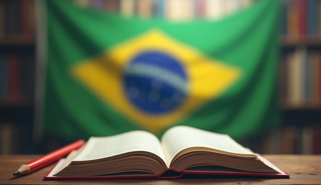 Blurred Brazilian flag in the background, in the foreground an image that signifies the education we want is in our hands with a pencil and a book.