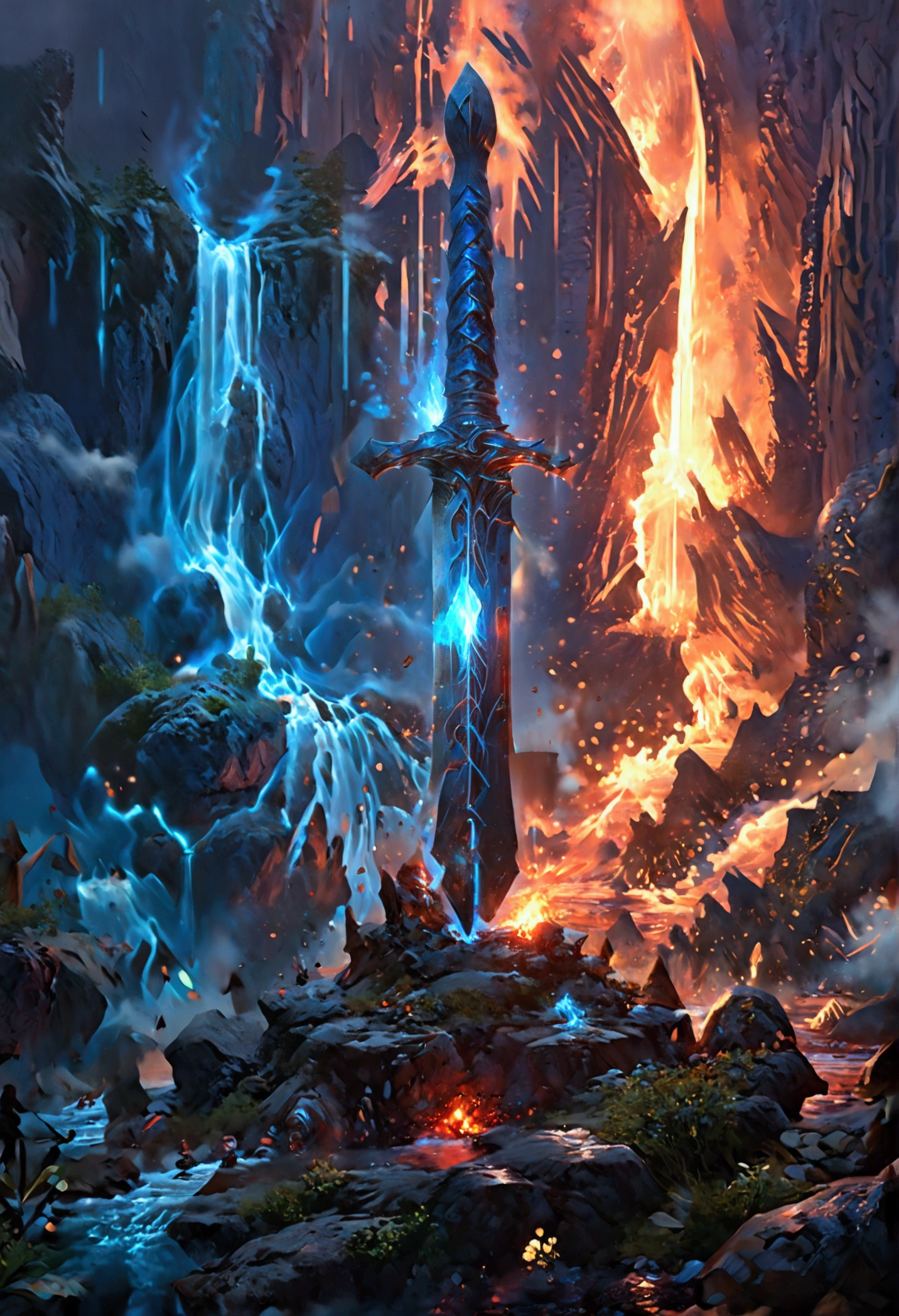 an giant sized sword surrounded with blue flame  stands on its point in volcano, a masterful sword made from diamond, epic sword, divine sword, (mountain sized sword: 1.5), its glistening in the sun, it has many facets, blue flames surround it GlowingRunesAI_paleblue, it stands in a pool of lava in a volcano, fantasy volcano background, high quality, landscape, lava land,  (best details, Masterpiece, best quality :1.5), ultra best realistic pictures , best details, best quality, 16k, [ultra detailed], masterpiece, best quality, (extremely detailed), ultra wide shot, photorealism, depth of field,