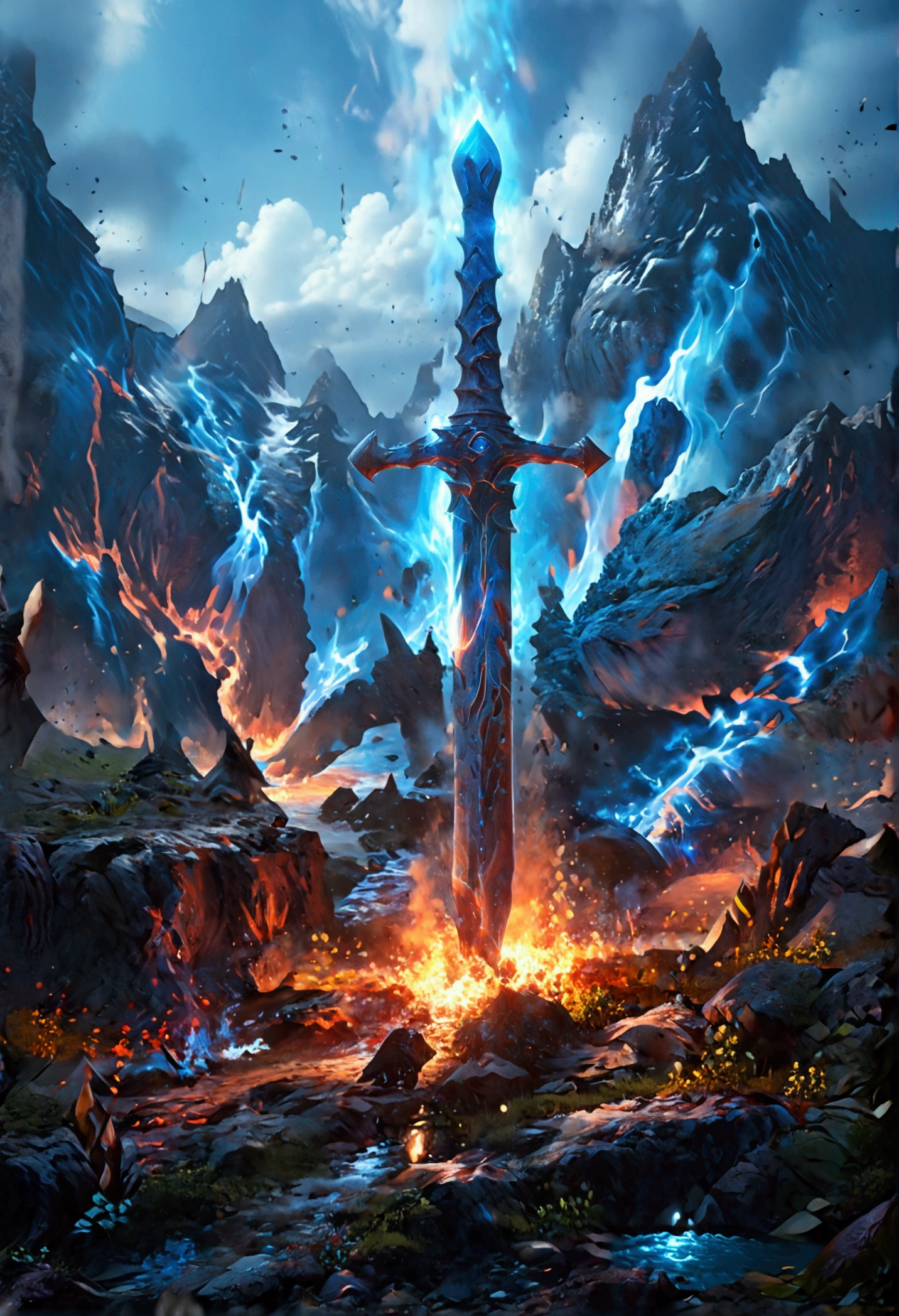 an giant sized sword surrounded with blue flame  stands on its point in volcano, a masterful sword made from diamond, epic sword, divine sword, (mountain sized sword: 1.5), its glistening in the sun, it has many facets, blue flames surround it GlowingRunesAI_paleblue, it stands in a pool of lava in a volcano, fantasy volcano background, high quality, landscape, lava land,  (best details, Masterpiece, best quality :1.5), ultra best realistic pictures , best details, best quality, 16k, [ultra detailed], masterpiece, best quality, (extremely detailed), ultra wide shot, photorealism, depth of field,