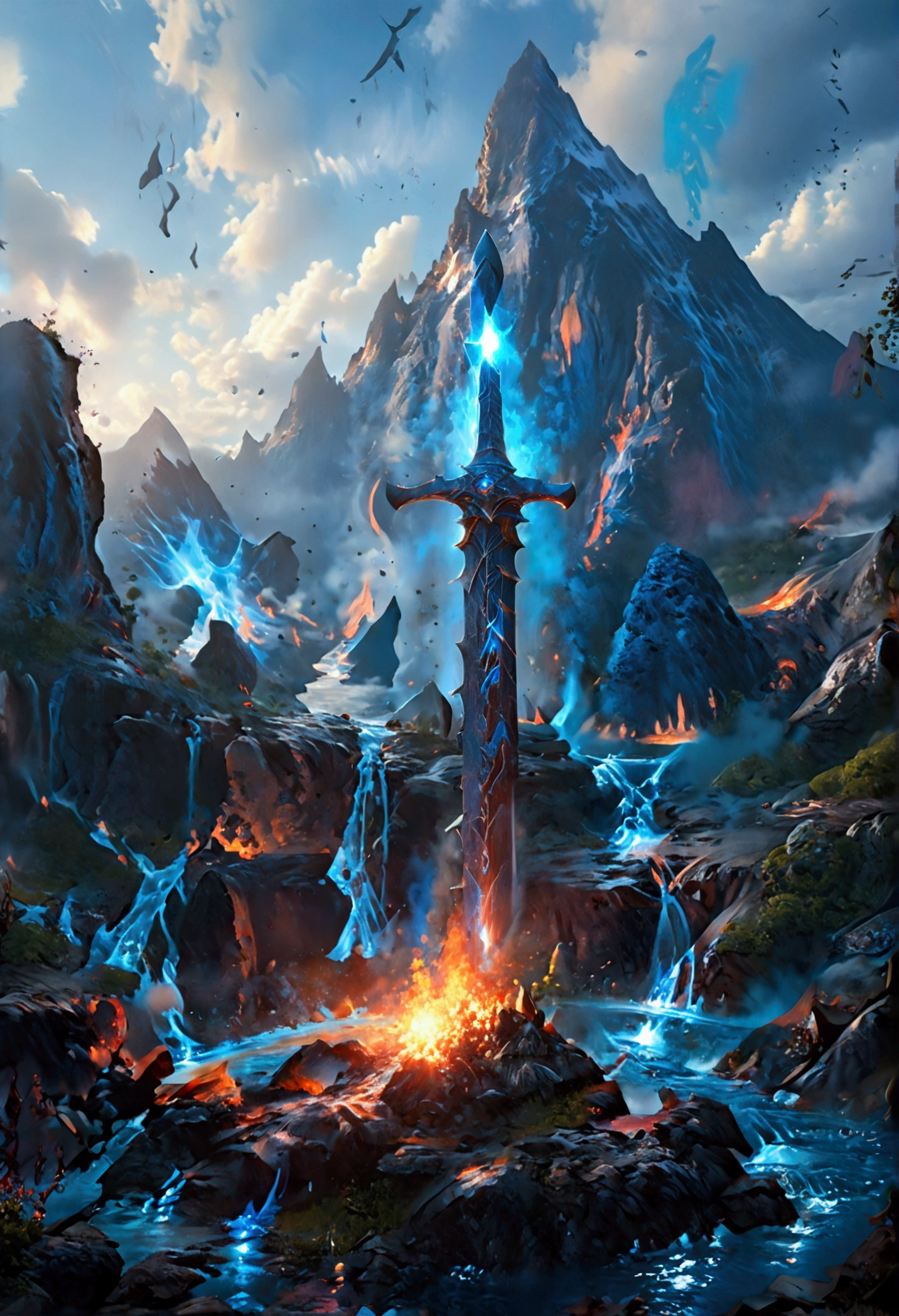 an giant sized sword surrounded with blue flame  stands on its point in volcano, a masterful sword made from diamond, epic sword, divine sword, (mountain sized sword: 1.5), its glistening in the sun, it has many facets, blue flames surround it GlowingRunesAI_paleblue, it stands in a pool of lava in a volcano, fantasy volcano background, high quality, landscape, lava land,  (best details, Masterpiece, best quality :1.5), ultra best realistic pictures , best details, best quality, 16k, [ultra detailed], masterpiece, best quality, (extremely detailed), ultra wide shot, photorealism, depth of field,