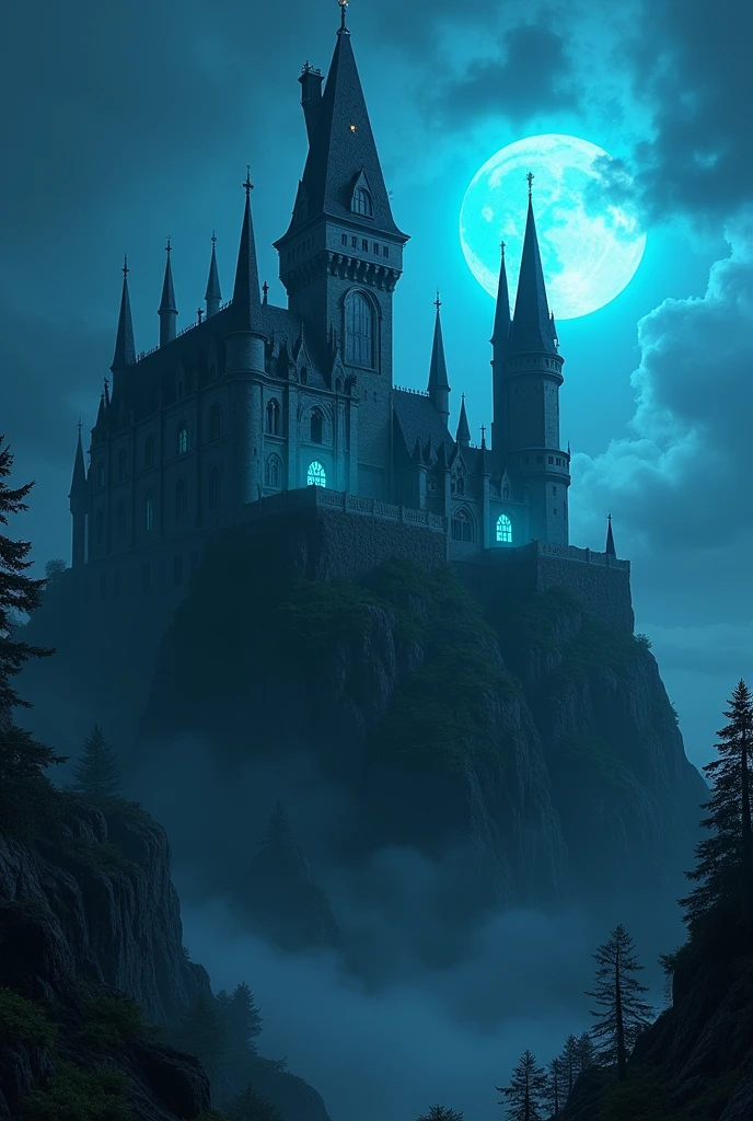 A black and Gothic castle, with large windows from which a blue light comes out 