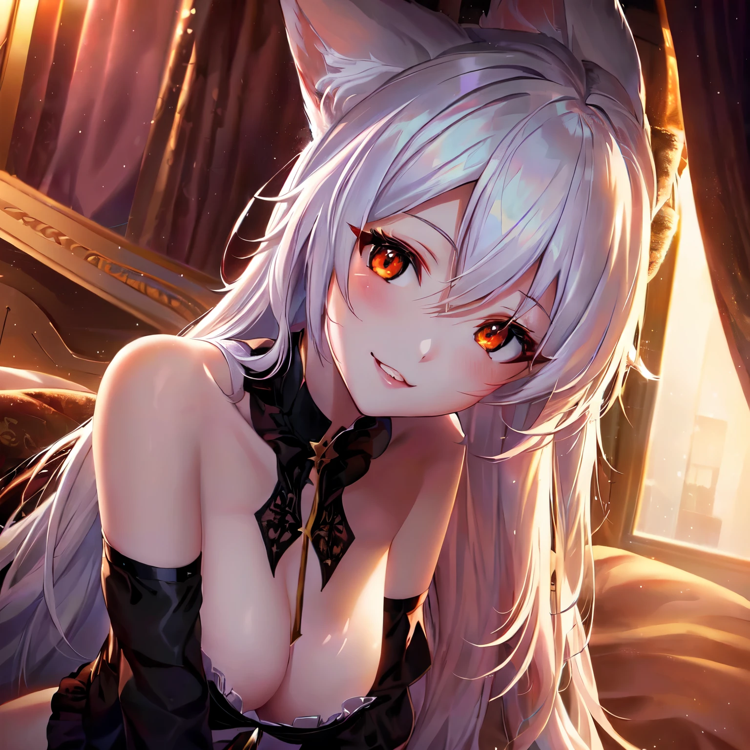 anime girl with long white hair and red eyes laying on a bed, beautiful anime catgirl, very beautiful anime cat girl, white - haired fox, cute anime catgirl, anime girl with cat ears, seductive anime girl, anime catgirl, vampire white fox, white cat girl, nightcore, extremely detailed artgerm, attractive cat girl, very beautiful cute catgirl