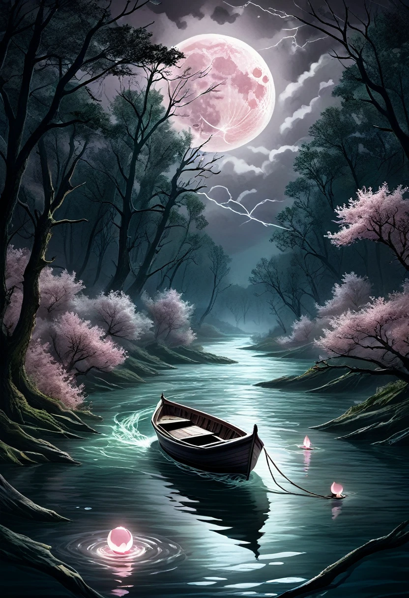 A dramatic scene featuring a small boat drifting gently on a dark, turbulent river. Amidst the stormy, shadowy environment, a single lightning candle casts a flickering light, illuminating the boat and its surroundings. Above, a light pink moon bathes the scene in a soft, surreal glow, adding a touch of romance to the stormy night. The atmosphere, though dark and intense, is imbued with a sense of delicate beauty and tranquil moments. The image blends elements of dark fantasy with an ethereal charm, capturing a moment of serene contrast within the tumultuous setting. —ar 2:3 —v 5.1