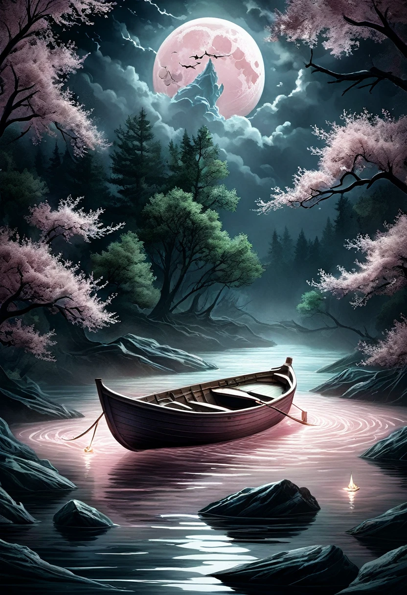 A dramatic scene featuring a small boat drifting gently on a dark, turbulent river. Amidst the stormy, shadowy environment, a single lightning candle casts a flickering light, illuminating the boat and its surroundings. Above, a light pink moon bathes the scene in a soft, surreal glow, adding a touch of romance to the stormy night. The atmosphere, though dark and intense, is imbued with a sense of delicate beauty and tranquil moments. The image blends elements of dark fantasy with an ethereal charm, capturing a moment of serene contrast within the tumultuous setting. —ar 2:3 —v 5.1