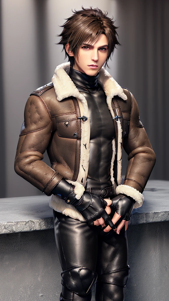 Final fantasy taste and reality graphics, ((Japanese young cute and cool ikemen boy)), his age is early 20s, thin eyebrows and beady eyes, (((he wearing light brown color shearling jacket))), ((jacket is no leather and waist length)), ((fur color is white)),
((also wearing black thick turtleneck polyester shirts)), ((tight black leather long pants)), ((((black leather tight-fitting leather full finger glove both hands)))), black leather knee-high raceup boots,must views head-to-toe,must views whole body,,