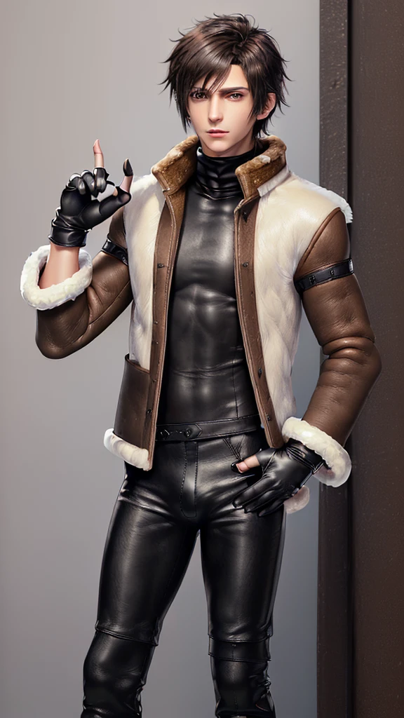 Final fantasy taste and reality graphics, ((Japanese young cute and cool ikemen boy)), his age is early 20s, thin eyebrows and beady eyes, (((he wearing light brown color shearling jacket))), ((jacket is no leather and waist length)), ((fur color is white)),
((also wearing black thick turtleneck polyester shirts)), ((tight black leather long pants)), ((((black leather tight-fitting leather full finger glove both hands)))), black leather knee-high raceup boots,must views head-to-toe,must views whole body,,