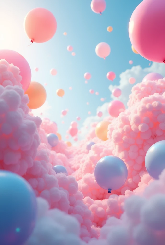 A scene made of party balloons and colorful fabrics simulating a cloudy sky