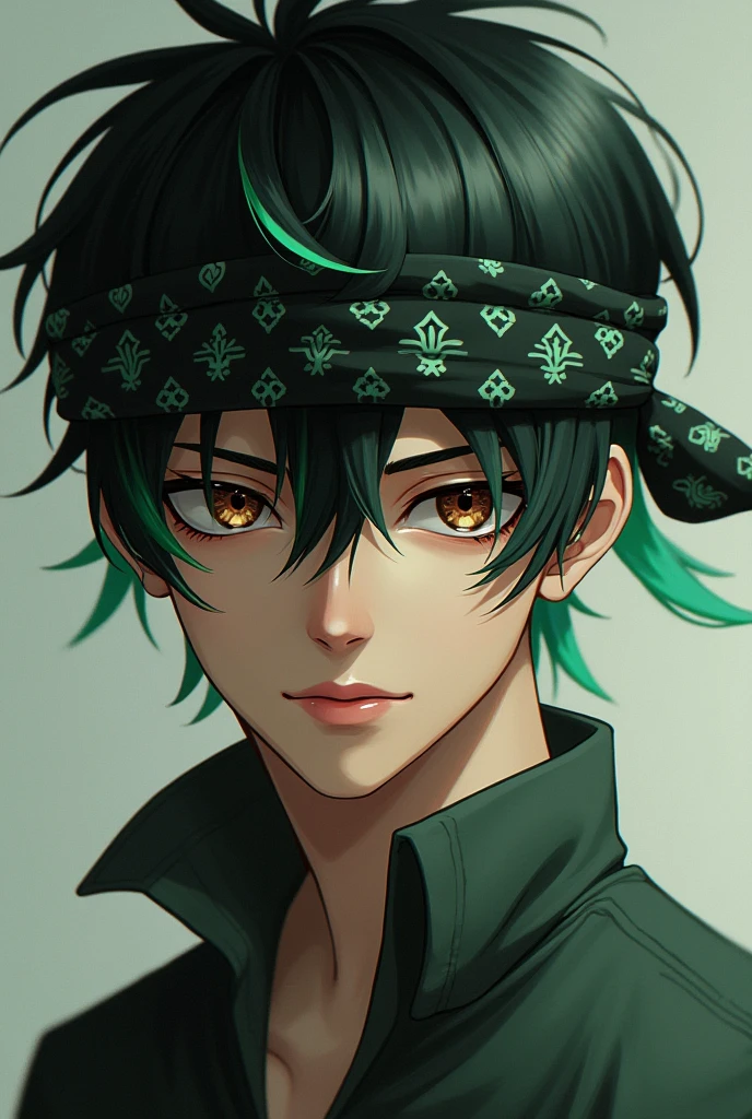 Young male face, short black hair, with green strands of hair and a bandana on his forehead, serious eyes