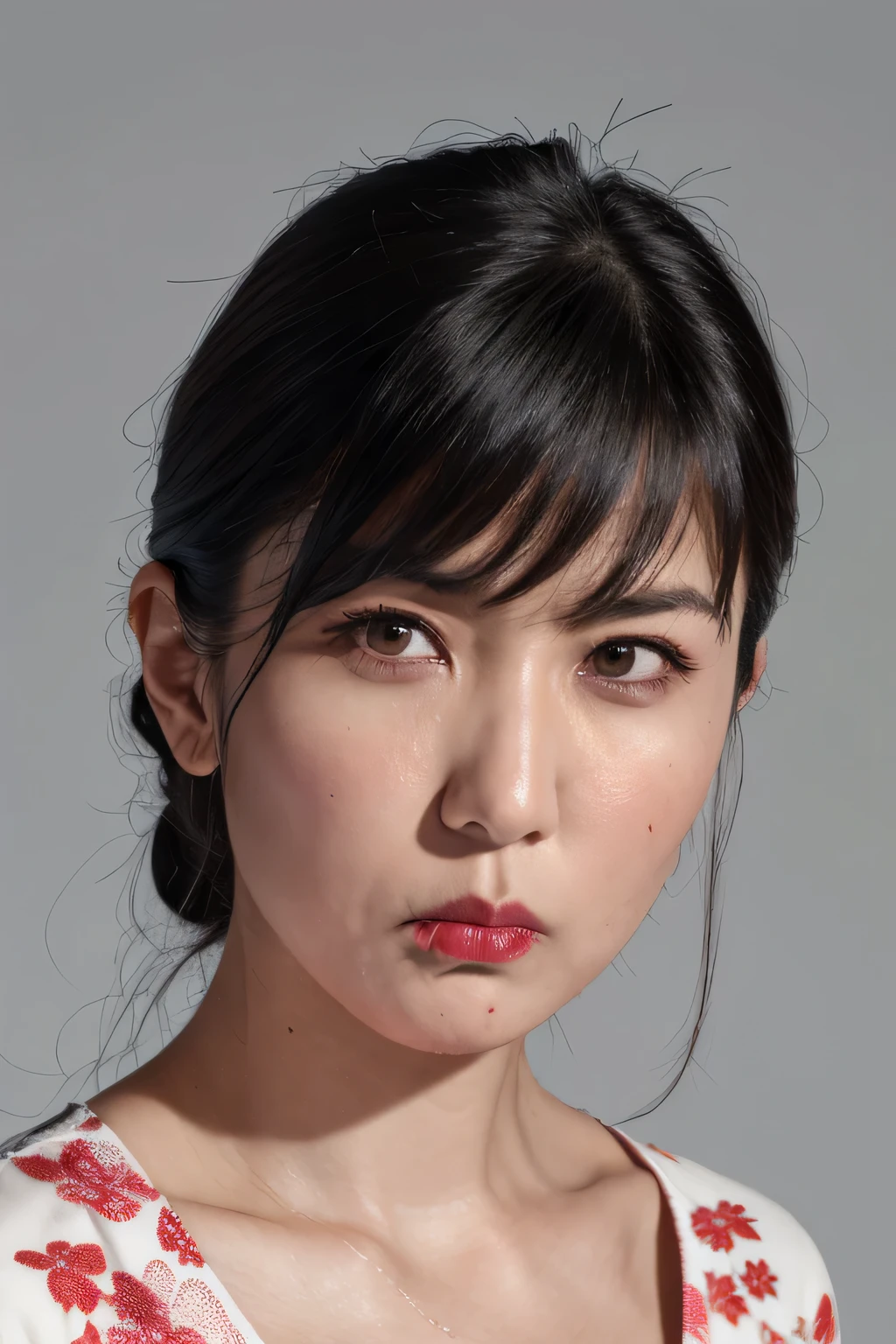 ID photo style, (disgusted expression:1.4), A woman looking at the camera with a expression., close-up, plain background, realistic, sharp focus, Glossy Red Lips、Natural Makeup