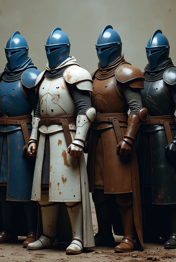 4 men in blue, white, brown and black armor with closed blue helmets, offwhite, brown and black