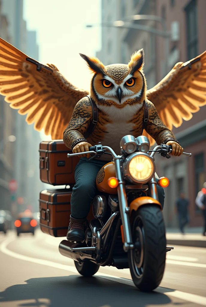 An owl delivering food on a motorcycle with a delivery backpack