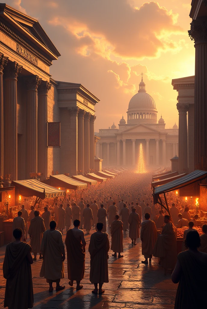 Market forum in an ancient Roman city at evening