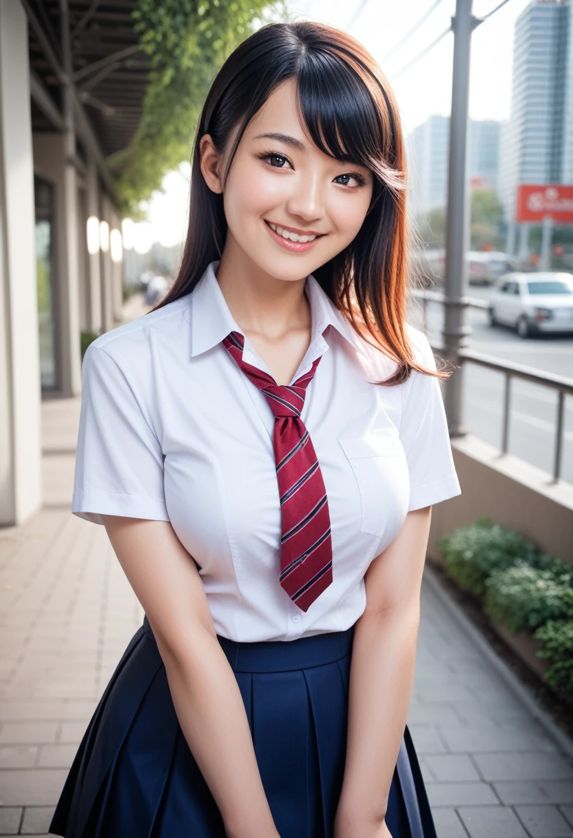 8k, raw photo, best quality, masterpiece, realistic, photo realistic, clear, professional lighting, beautiful face, best quality,ultra high res, realistic japanese beautiful, Super detailed, detailed fingers, solo, 1girl, swept bangs, shiny hair, detailed hair, medium breasts, curvy, scenery, school uniform, city, evil smile