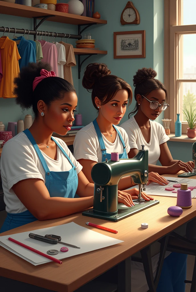 3 seamstresses 1 chubby white woman 1 chubby brown woman 1 black woman Sewing on the sewing machine