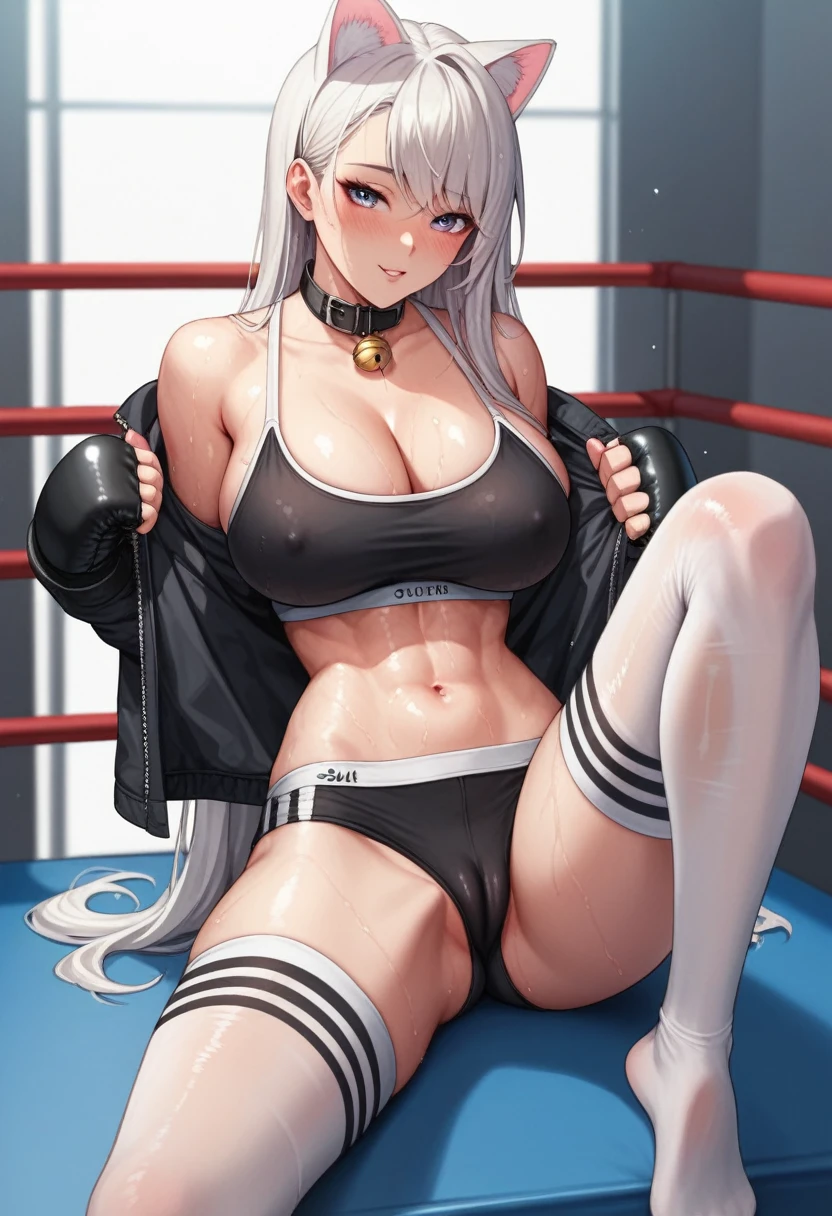 South Korean female boxer,18 years old,Pretty Face,Slim figure,No muscles,detailed picture, Seductive expression, blush,White long hair, Wearing a strapless sports bra,Soaked,Wear black garter stockings,No shoes, Wearing black boxing gloves,Black sleeves on arms, Sit in the boxing ring and stretch one foot forward,Large Breasts,Cleavage,Long legs,Thin waist,nipple,Camel toe,Collar,Cat ear