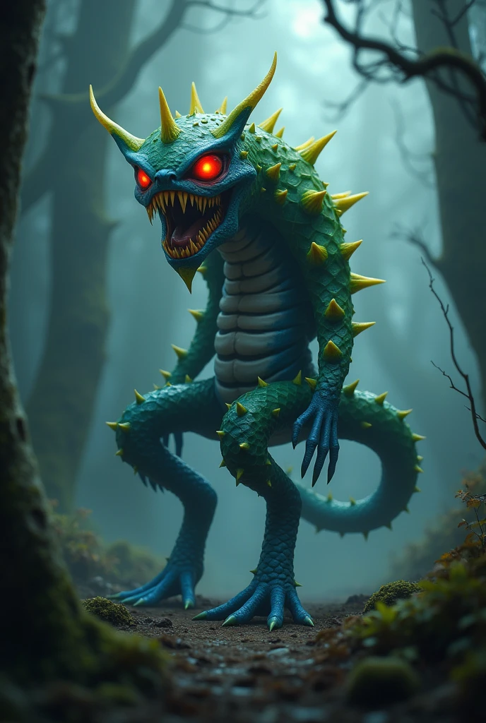 A mysterious, otherworldly cryptid standing in a misty forest. The creature has twisted, snake-like blue legs and a body covered in distinctive green leaves. Its face is haunting, with glowing red eyes and sharp, pointed teeth, creating an intimidating presence. Three sharp, yellow star-shaped spikes protrude from its back, enhancing its alien and dangerous appearance. The deep fog of the forest adds to the eerie and otherworldly atmosphere surrounding the creature, making it feel like something from another dimension.