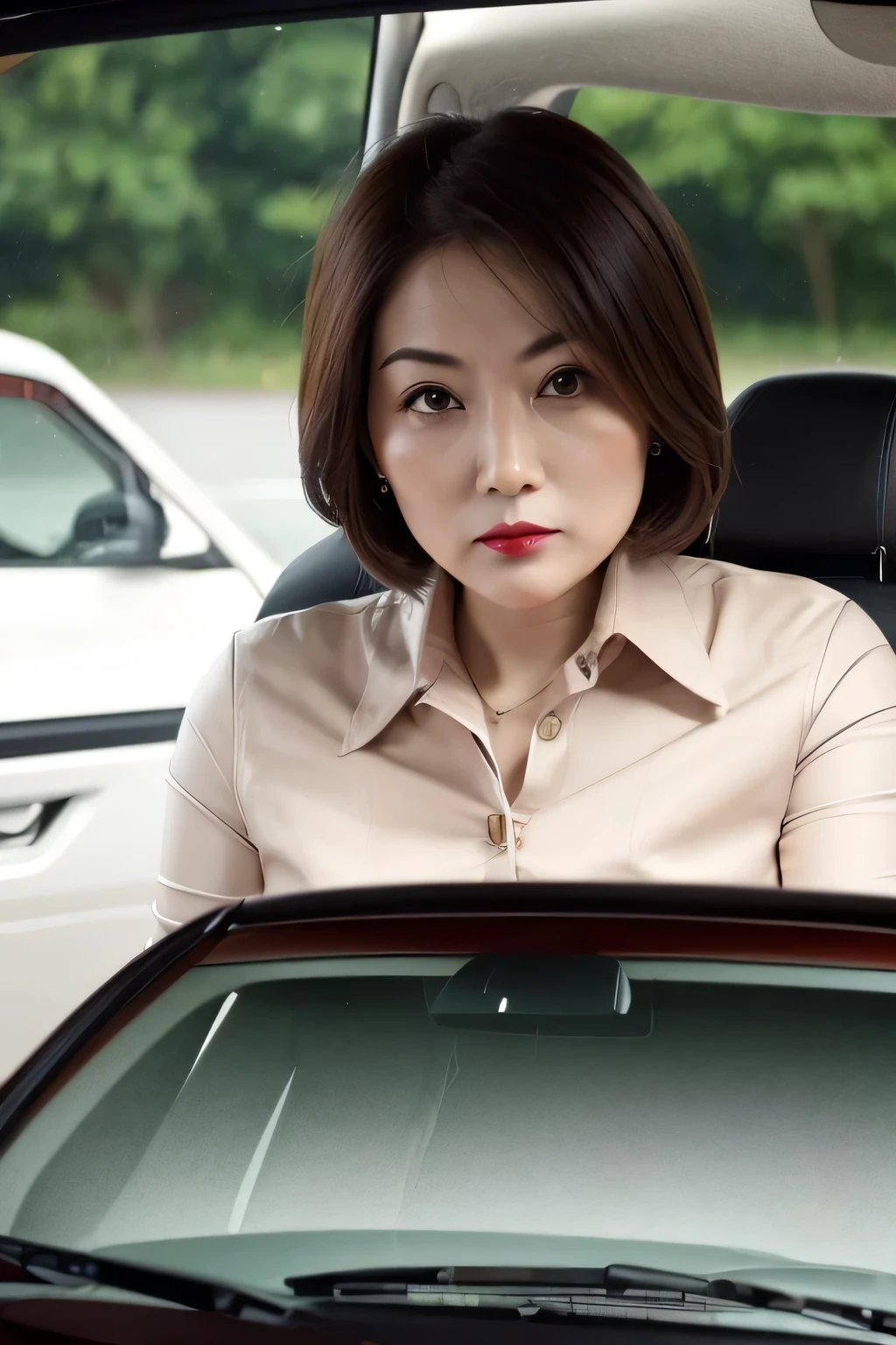 driver's license photo style, woman with (disdainful look:1.3), upper body, (neutral face), from front, best quality, realistic, Glossy Red Lips、