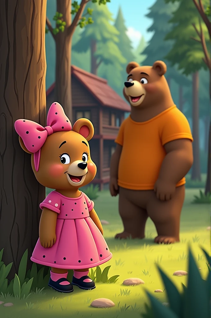 withAn image for the cover of a digital book animated bears The book is about a bear who tells Nicoletta his daughter how he met her mother Nicoletta a little bear wearing a pink dress with black dots a pink bow with black dots and black shoes with pink socks are in a forest behind Nicoletta you can see a wooden cabin and Nicoletta's father is hiding behind a tree he is a muscular animated bear with an orange shirt and pants the father bear is behind the tree and Nicoletta is in front of the wooden cabin