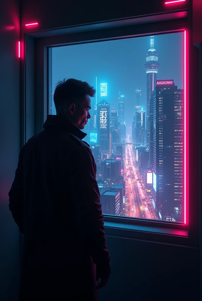 Make a picture of Mr. Destiny looking out the window futuristic city at night in a dark room with LEDs and neon in the corners profile picture