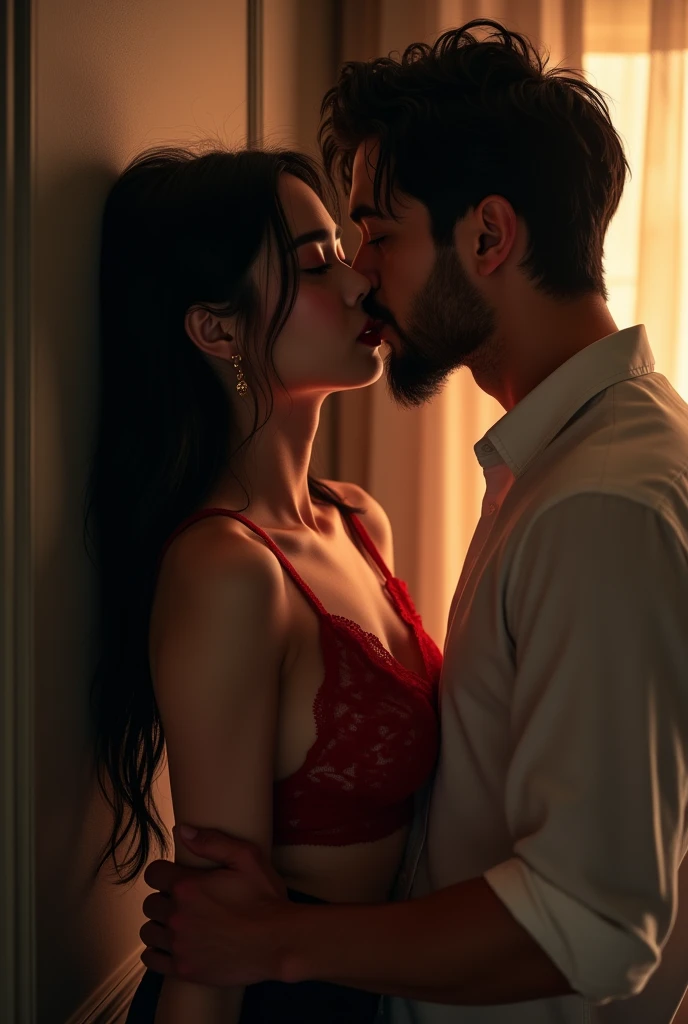 "A Korean girl with long black hair, Wearing a red lace camisole , in a dimly lit room . The scene is in ridiculously high resolution, Super sharp details, With stunning 8K picture quality. The art is a true masterpiece, Shows Korean girl kissing her boyfriend " 1 American man in Colombia, stark, BRAÇOS starkS, 70 kg ((muscular and tall)),Youngh, A graduated beard and short, black, cut hair, face a little Wide from a white blouse and wide black cotton pants, light brown. Kissing, they are leaning against the wall, he holds her arms against the wall.
