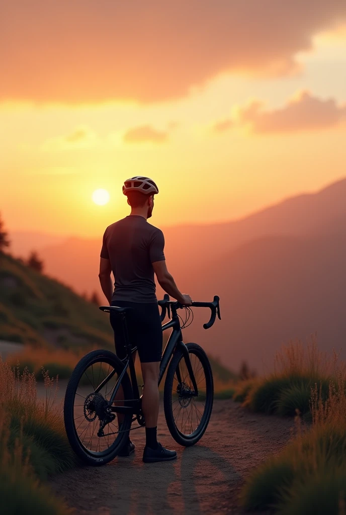 A cyclist holding his black Mountain bike and looking at the horizon, watching the sunset